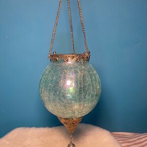 Hanging Lantern Irridescent Blue (green) crake Glass Moroccan Style